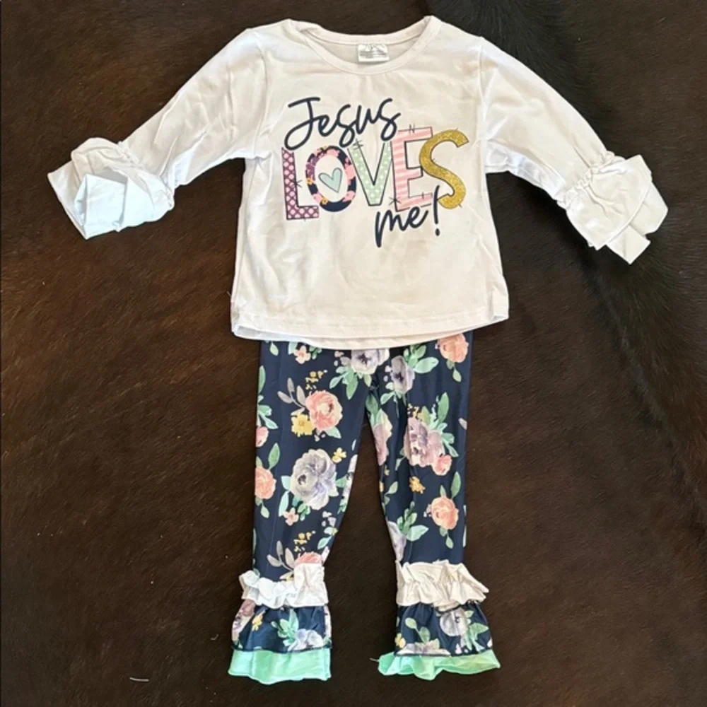 Kids Floral Pajama Set - White and Blue